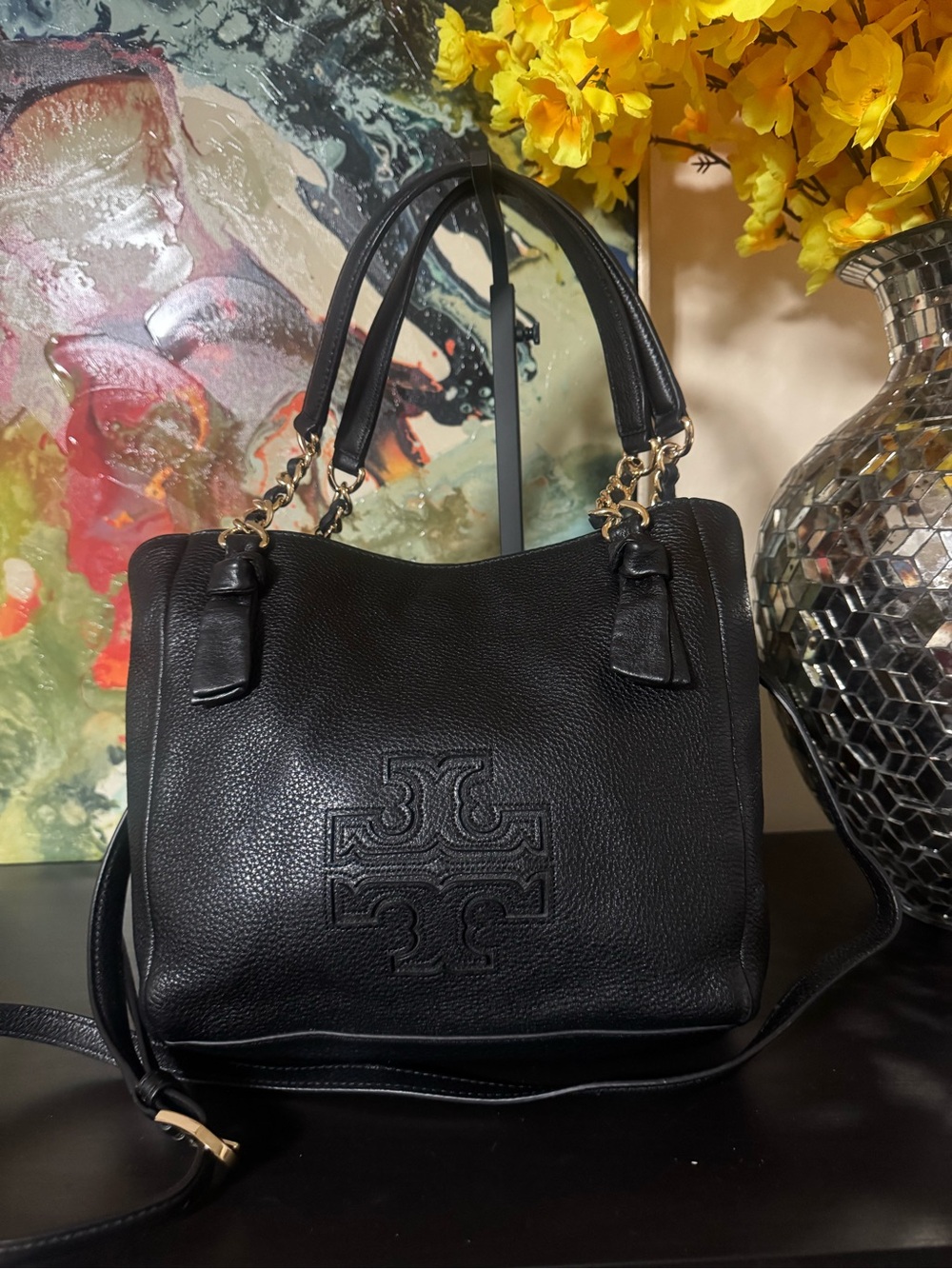 Tory Burch Black Pebbled Leather Shoulder Tote with Logo